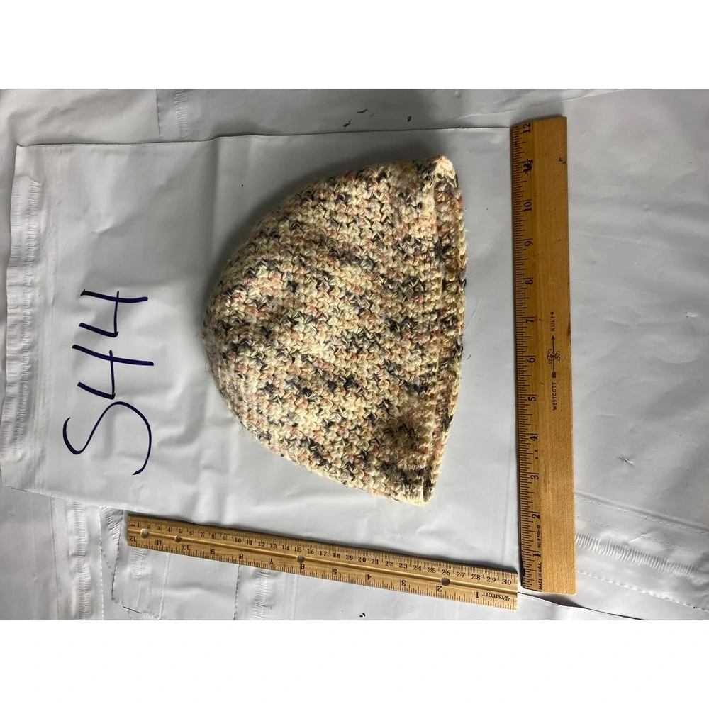 Handmade Crochet Knit Beanie Hat Multicolored Tan Pink Black‎